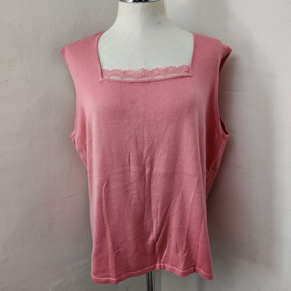 Maggie McNaughton Pink Silk Cotton Lace Trim Square Neck Knit Tank Top 2X NWT - Picture 1 of 4